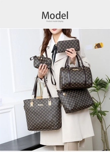 Ensemble de 6 sacs monogramme marron portés par un mannequin femme avec accessoires