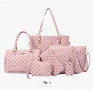 Ensemble de sacs à main rose 6 pièces avec motif monogramme M et finitions dorées