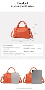 Specifiche dettagliate della borsa tote arancione con confronto dimensioni tramite iPad