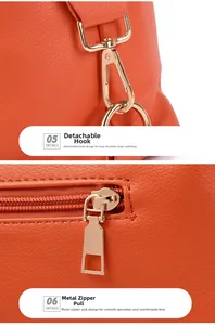 Vista macro della pelle litchi arancione e dei dettagli metallici dorati della borsa