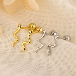 Detail of S925 sterling silver stamp on snake stud earrings with screw back closure
