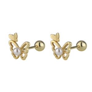 Detail of golden butterfly pearl earrings with secure screw back ball closure