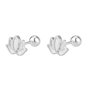 Elegant silver lotus flower screw back stud earrings with matte and polished finish