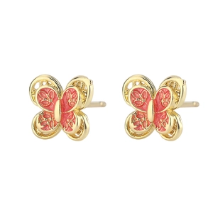 Detail of S925 silver butterfly earrings with red enamel and intricate gold plating