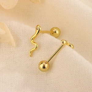 Minimalist gold snake stud earrings with small zircon stone and ball screw backs
