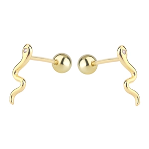 Golden snake-shaped stud earrings with sparkling zircon detail and secure screw-back closure