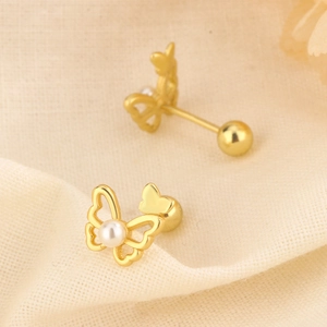 Elegant gold butterfly pearl stud earrings with screw-back design for women