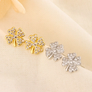 Four Leaf Clover Stud Earrings With 925 Sterling Silver Earring Post Full Pavé Cubic Zirconia Copper Fashion Jewelry For Women