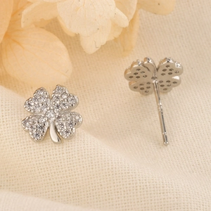 Sparkling S925 sterling silver four-leaf clover stud earrings with pavé zirconia