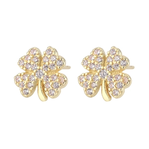 Elegant four-leaf clover stud earrings with gold plating and sparkly zircon crystals