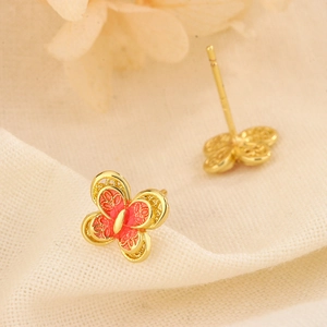 Elegant s925 silver 18k gold butterfly stud earrings with red enamel and hollow design