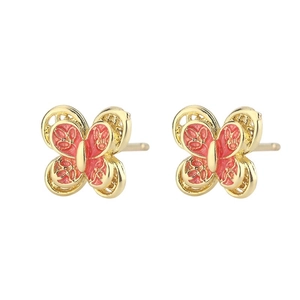 S925 silver 18K gold butterfly earrings with red enamel wings and hollow design