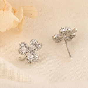 Exquisite clover stud earrings in silver finish with sparkling zircon stones