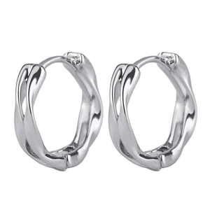 Silver Mobius twisted hoop earrings with a polished metallic wavy minimalist design