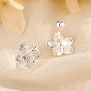 Macro view of S925 silver flower stud earrings with zircon and screw back ball