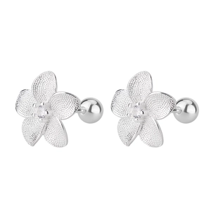 Macro detail of S925 silver flower stud earring with frosted petals and a center zircon