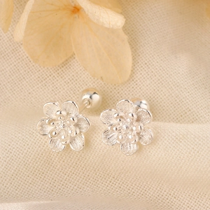 Detailed macro of S925 silver lotus flower earrings with brushed texture and screw backs