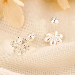 Macro shot of 925 silver lotus earrings with multi-layered petals and screw backs