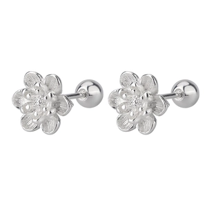 Macro shot of silver lotus flower earrings with textured petals and ball screw back closure