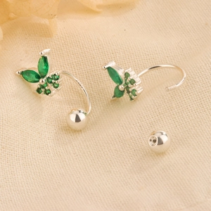 Silver S925 butterfly stud earrings with emerald green crystals and screw back ball