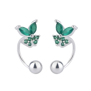 Leaf-shaped silver earrings with emerald green crystals and polished ball backings