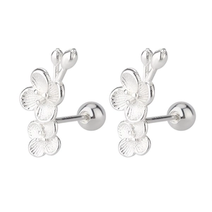 Close-up of S925 sterling silver cherry blossom earrings with secure screw back ball closure