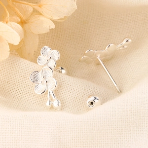 S925 sterling silver plum blossom stud earrings with brushed metal texture and screw-back closure