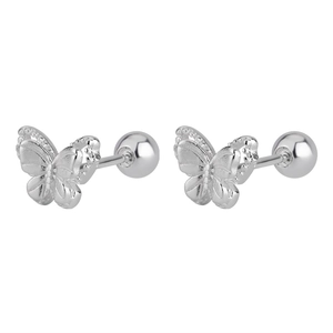 Detailed view of silver butterfly screw-back studs with matte and polished wing textures