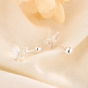 Minimalist silver butterfly stud earrings with secure screw-back ball closure for women