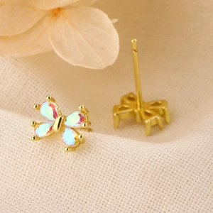 Boucles d'oreilles papillon en opale rose avec placage or et ailes en cristal irisé