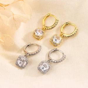 Square Zircon Dangle Hoop Earrings Copper Jewelry With Silver Earring Post Elegant Fashion For Women