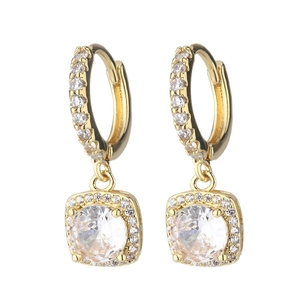 Elegant gold hoop earrings with square zircon pendant and micro-pave crystals