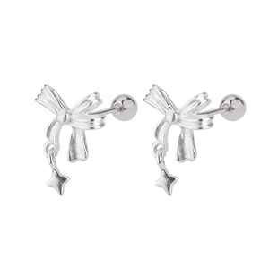 Minimalist silver bow earrings with star pendant and secure screw back closure