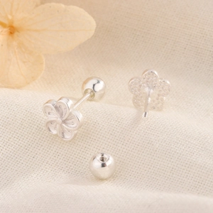 Minimalist silver floral stud earrings in S925 sterling silver with screw back balls