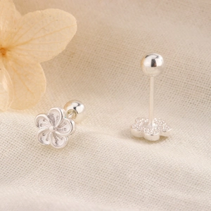 S925 sterling silver floral stud earrings with five-petal plum blossom and ball screw back