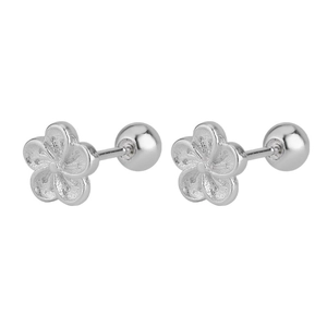 Floral silver stud earrings with matte finish and secure screw back closure
