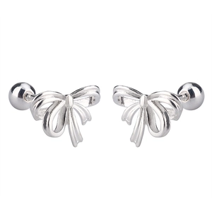 Detail of silver ribbon bow earrings with secure screw-back ball closures for women