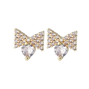 Elegant gold bow earrings with sparkling rhinestone settings and a centered round zircon
