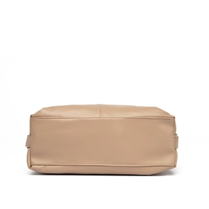 Bottom view of a light brown minimalist leather shoulder bag with fine stitching details