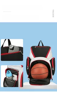 Macro shot of waterproof fitness backpack showing large capacity main compartment for basketball