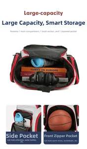 Detailed layout showing multi-compartment interior and front pocket for basketball gear