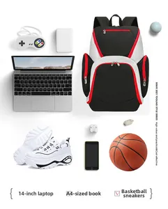 Flat lay of large water-resistant oxford backpack showing spacious interior for 14-inch laptops