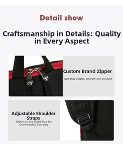 Detail showing red-accented two-way metal zippers and adjustable nylon shoulder straps
