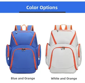 Detail view of water-resistant oxford backpacks in blue-orange and white-orange contrast