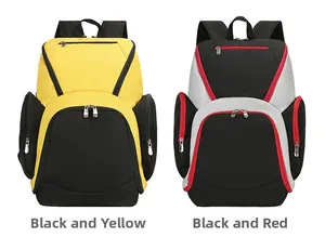 Close-up of waterproof Oxford fabric backpacks in black-yellow and black-red contrast colors