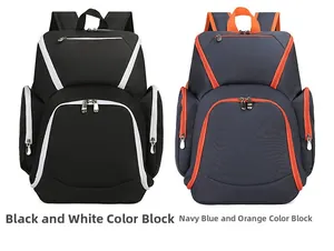 Detail view of large gym backpacks in black-white and navy-orange with side water bottle pockets