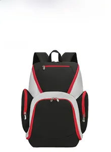Front view of Oxford fabric sports backpack with red contrast zippers and side mesh pockets