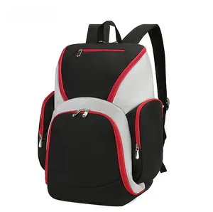 Side view of multi-compartment fitness backpack with water-resistant oxford fabric and red zippers