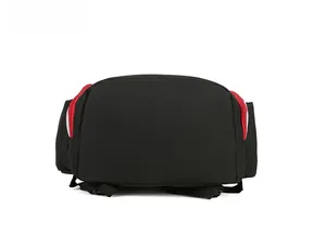 Flat base detail of durable black oxford gym backpack with red and white accents