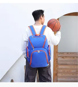 Blue oxford gym backpack with orange contrast zipper shown with a basketball for sports